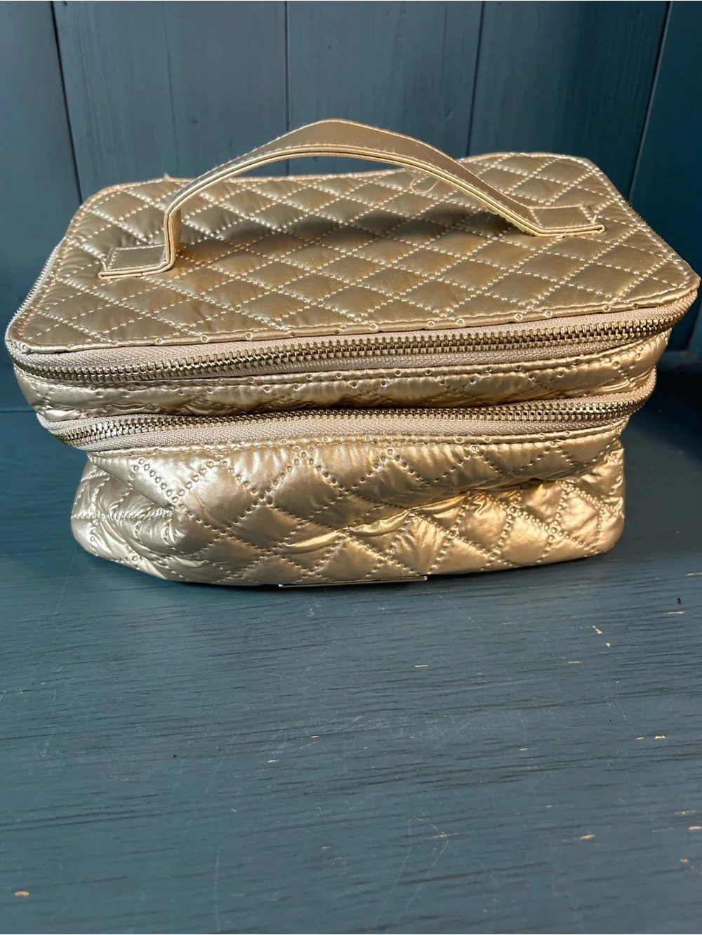Tartan + Twine Quilted Metallic Cosmetic Train Case - Gold | Double Zipper